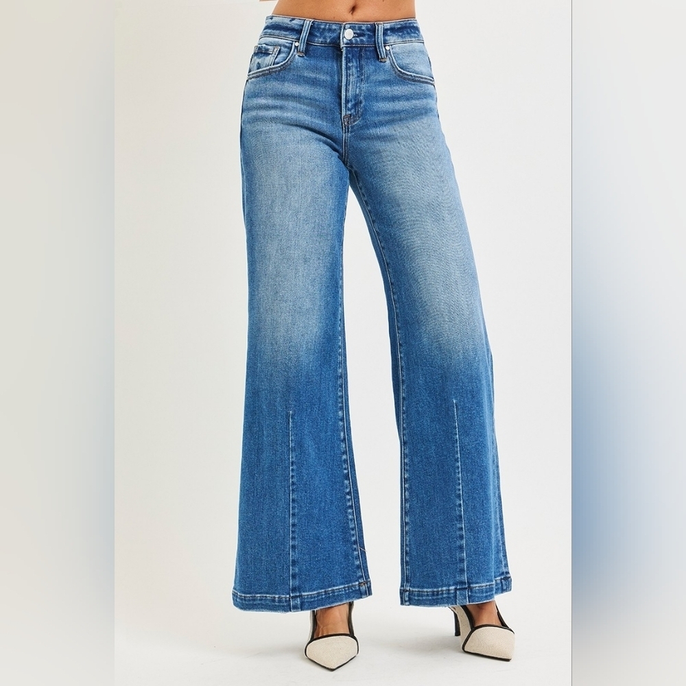 Risen Mid Rise Medium Wash Wide Leg Flared Denim Jeans Hybrid Various NEW - Picture 13 of 14